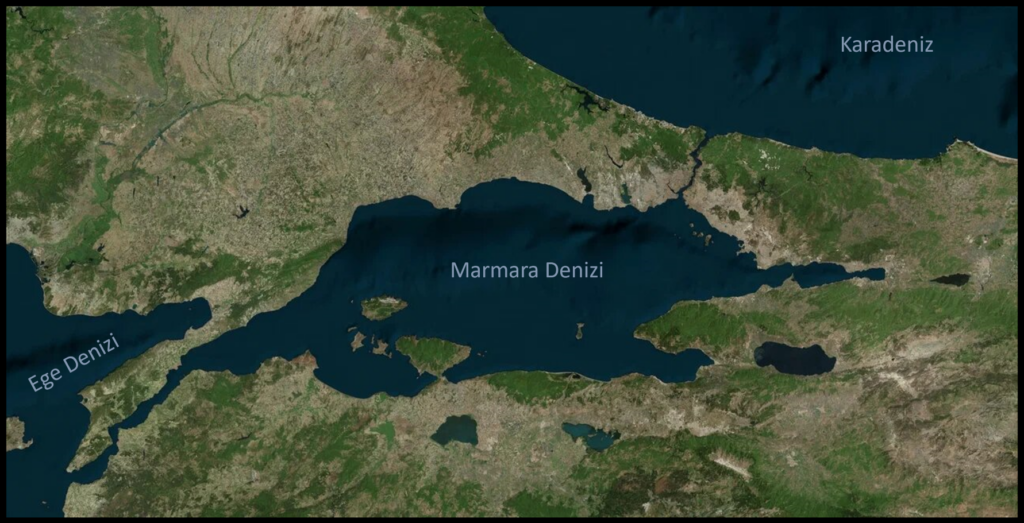 Marmara Denizi, İstanbul ve Çanakkale Boğazları'nın konumu.